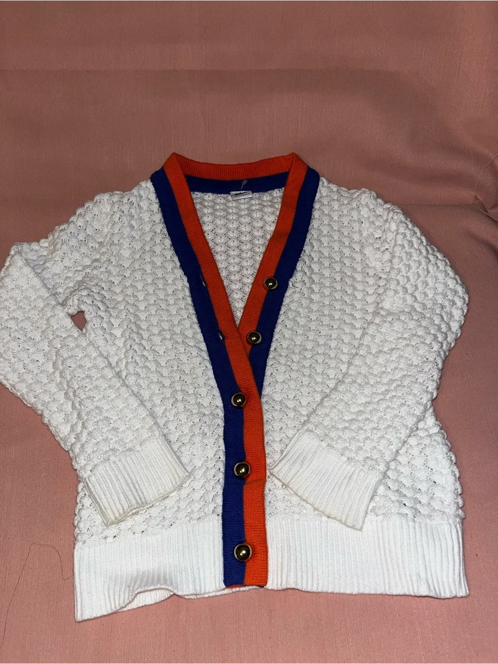 Janie and Jack White Textured Knit Cardigan with Blue & Orange Trim